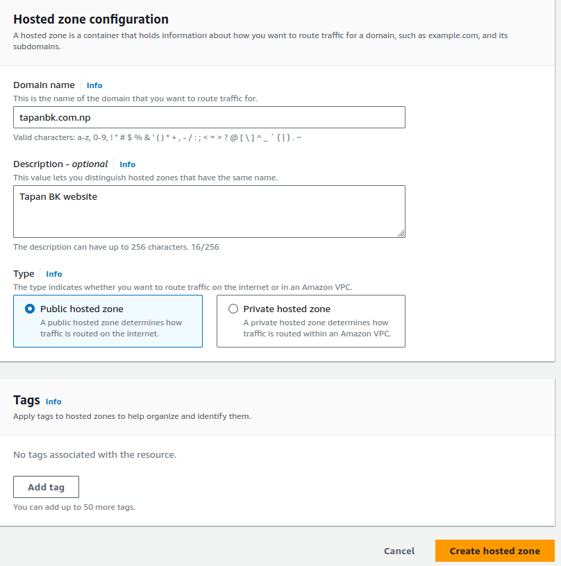 Website hosting using s3 |
Create Hosted zone - Tapan BK